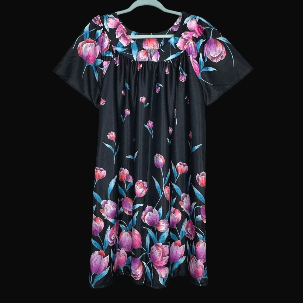 Vintage Tiger Lily‎ Womens Medium Nightgown Black Pink Floral Tulip Sleep Dress